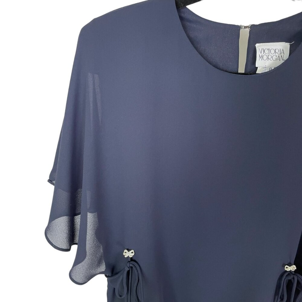 Victoria Morgan Vintage Navy Blue Cape style Top Silver bow accents Size Medium - Picture 6 of 12